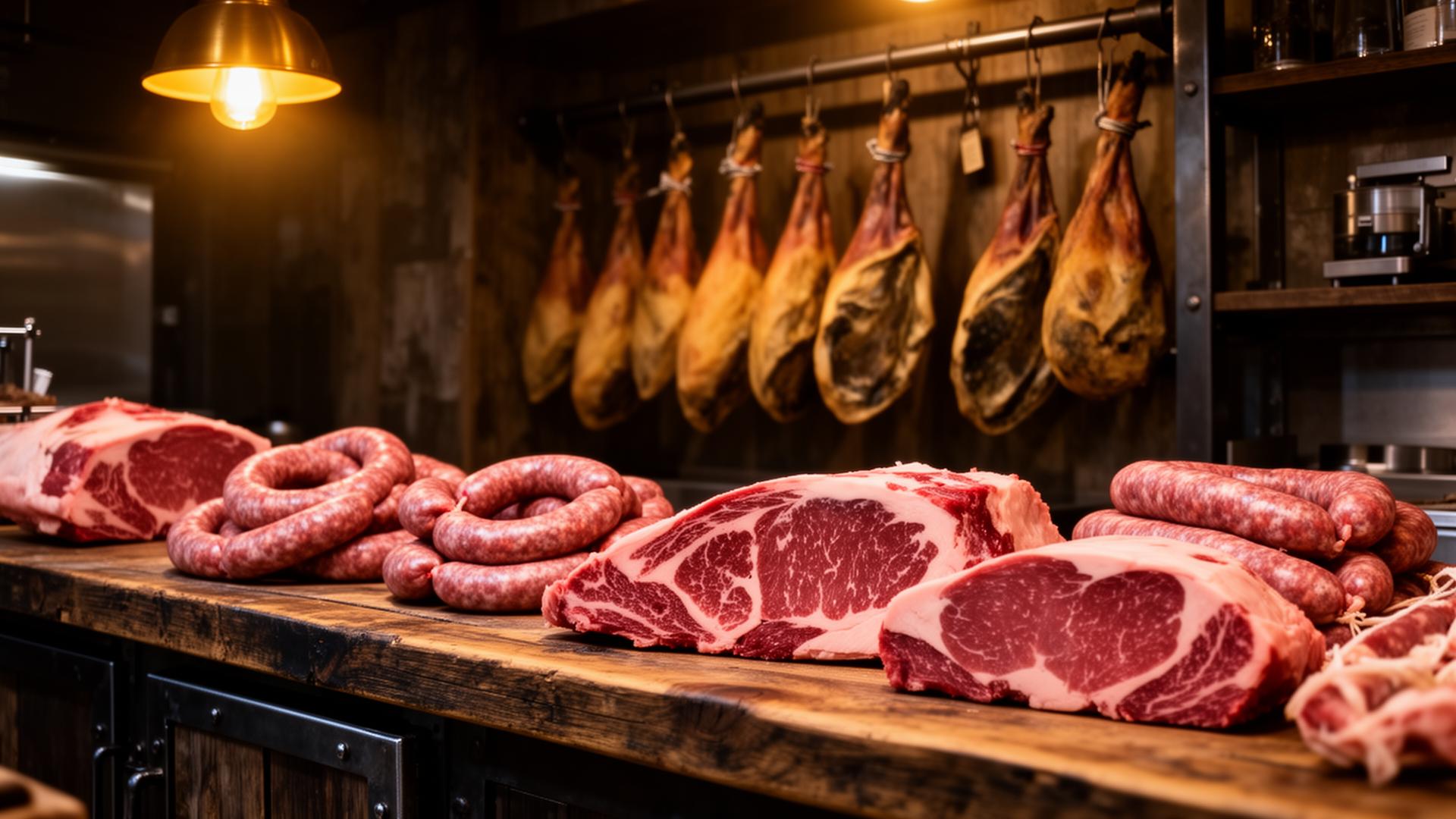 Butcher counter with marbled steaks, sausages and dry-aged hanging meat